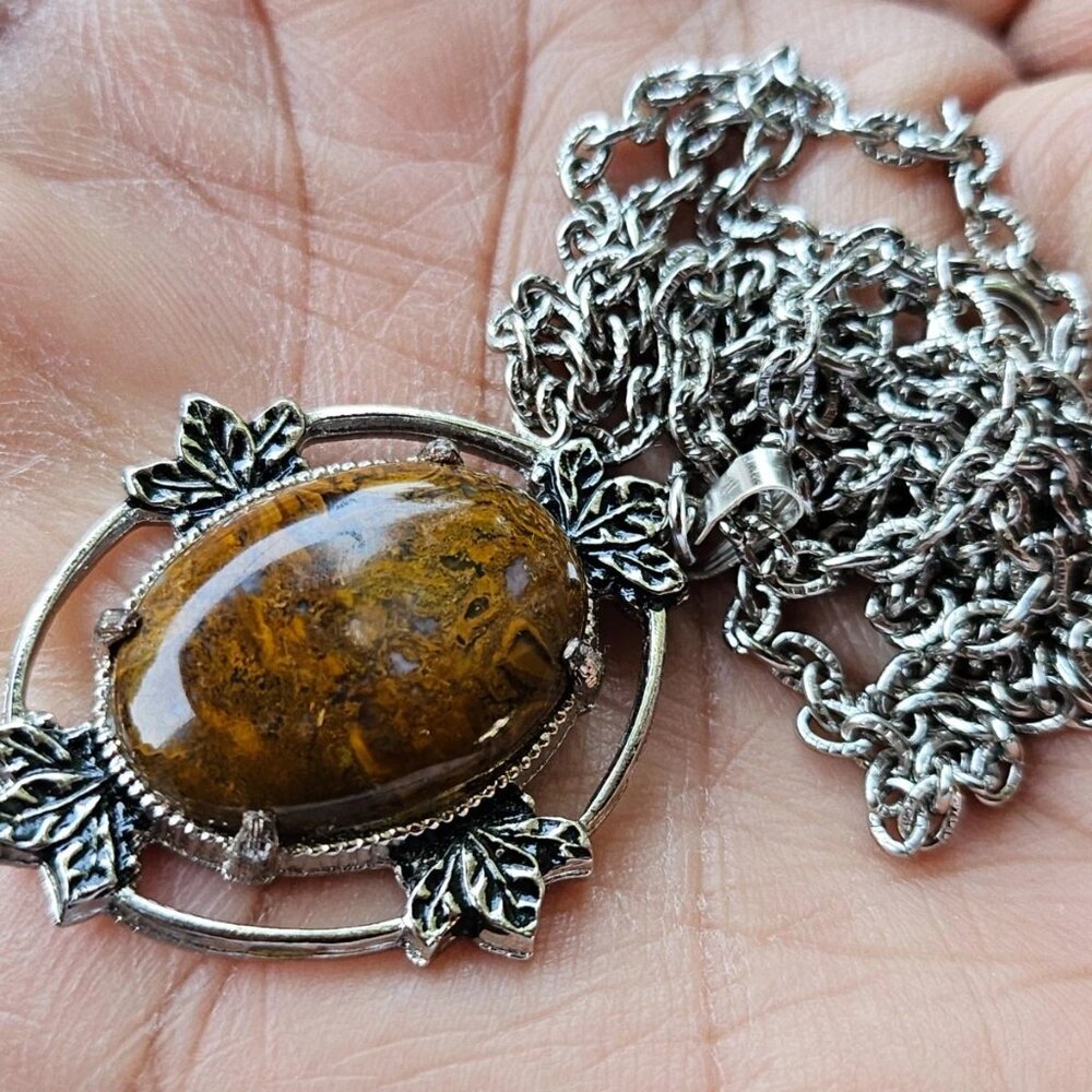 Vintage Pendant Women Necklace Brown Stone Silver Tone Chain Fashion Jewelry - Picture 2 of 12